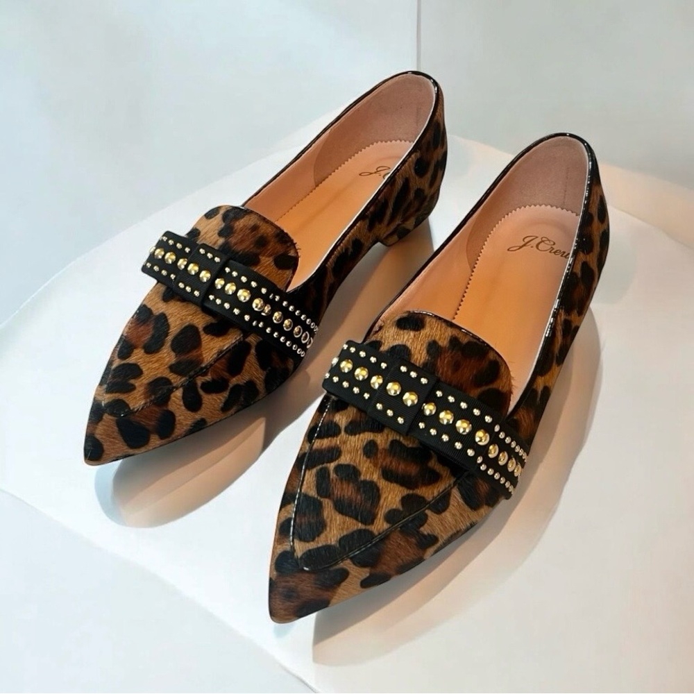 J. Crew Leopard Print Pointed Toe Studded Loafers - Brown Black Gold